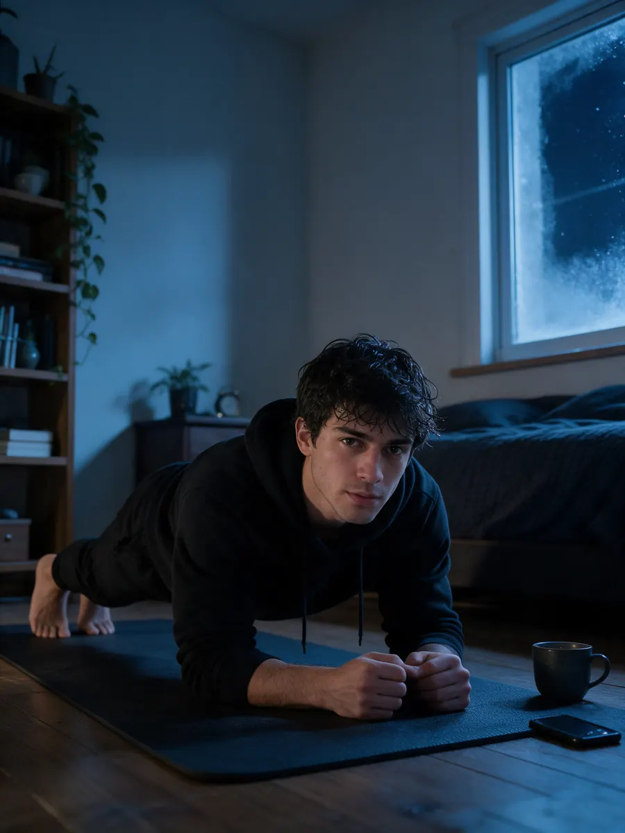 Homem de moletom fazendo prancha no quarto numa manhã fria