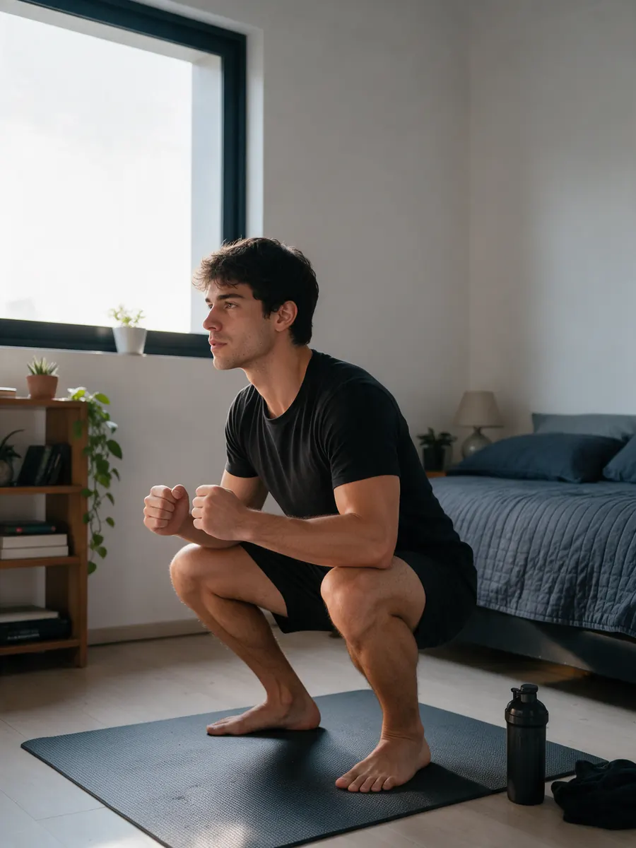 Homem fazendo agachamento no quarto pela manhã
