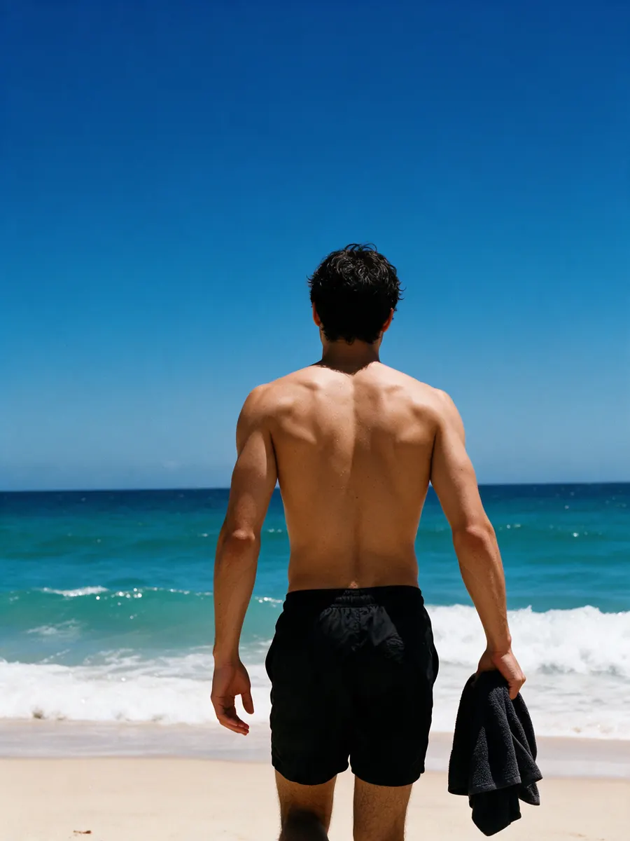 Homem caminhando em direção ao mar num dia de sol