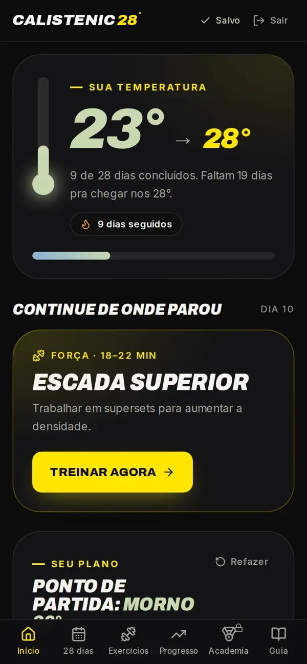 Tela inicial com o termômetro da jornada e o treino do dia