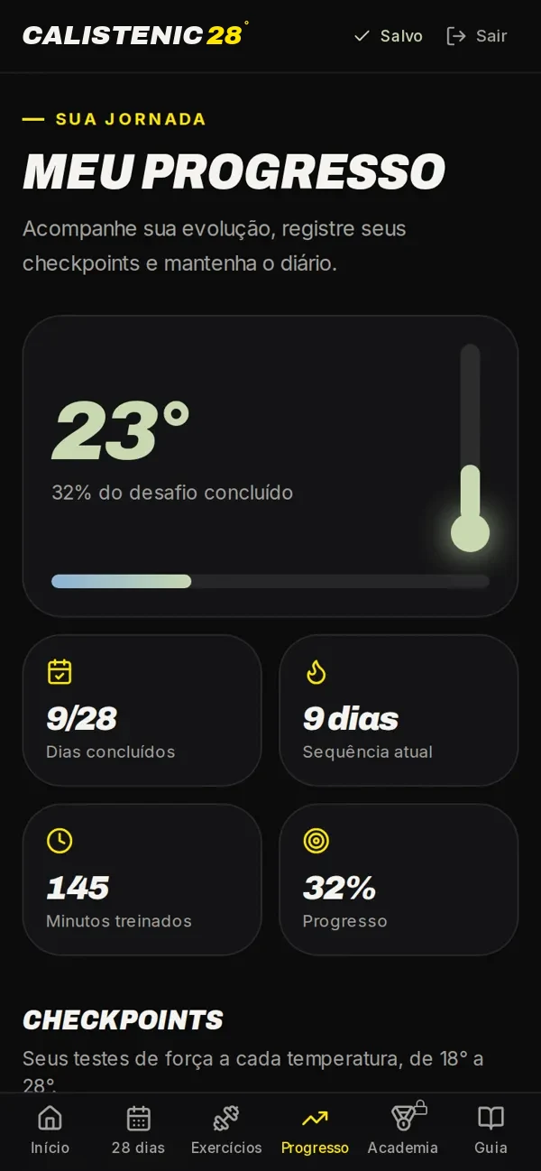 Tela de acompanhamento com dias concluídos e sequência
