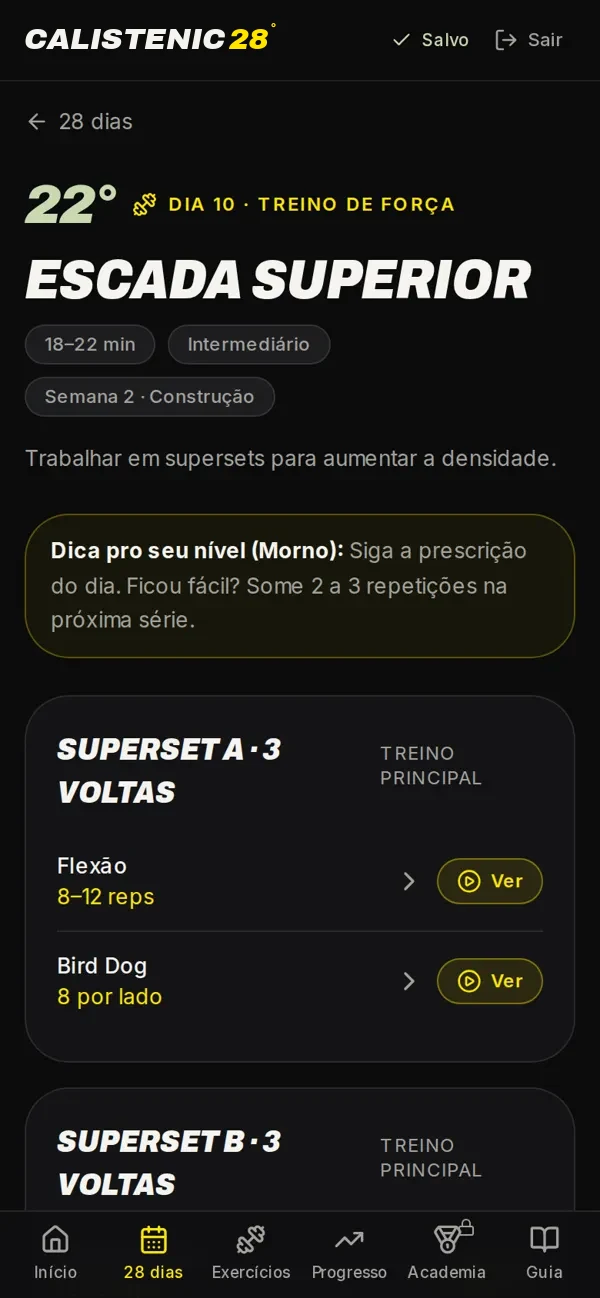 Tela de um dia de treino com os exercícios e as repetições